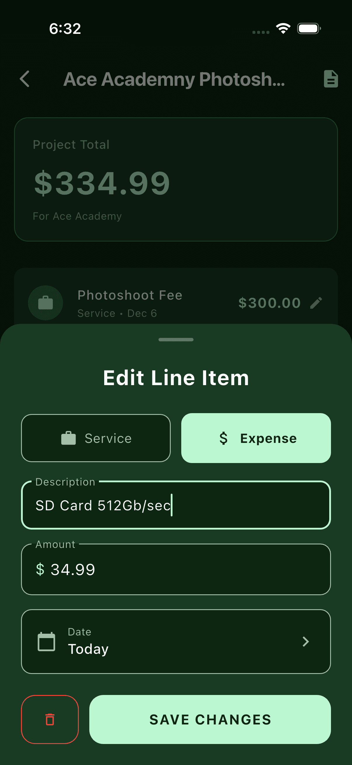 Adding an expense line item in Modolla