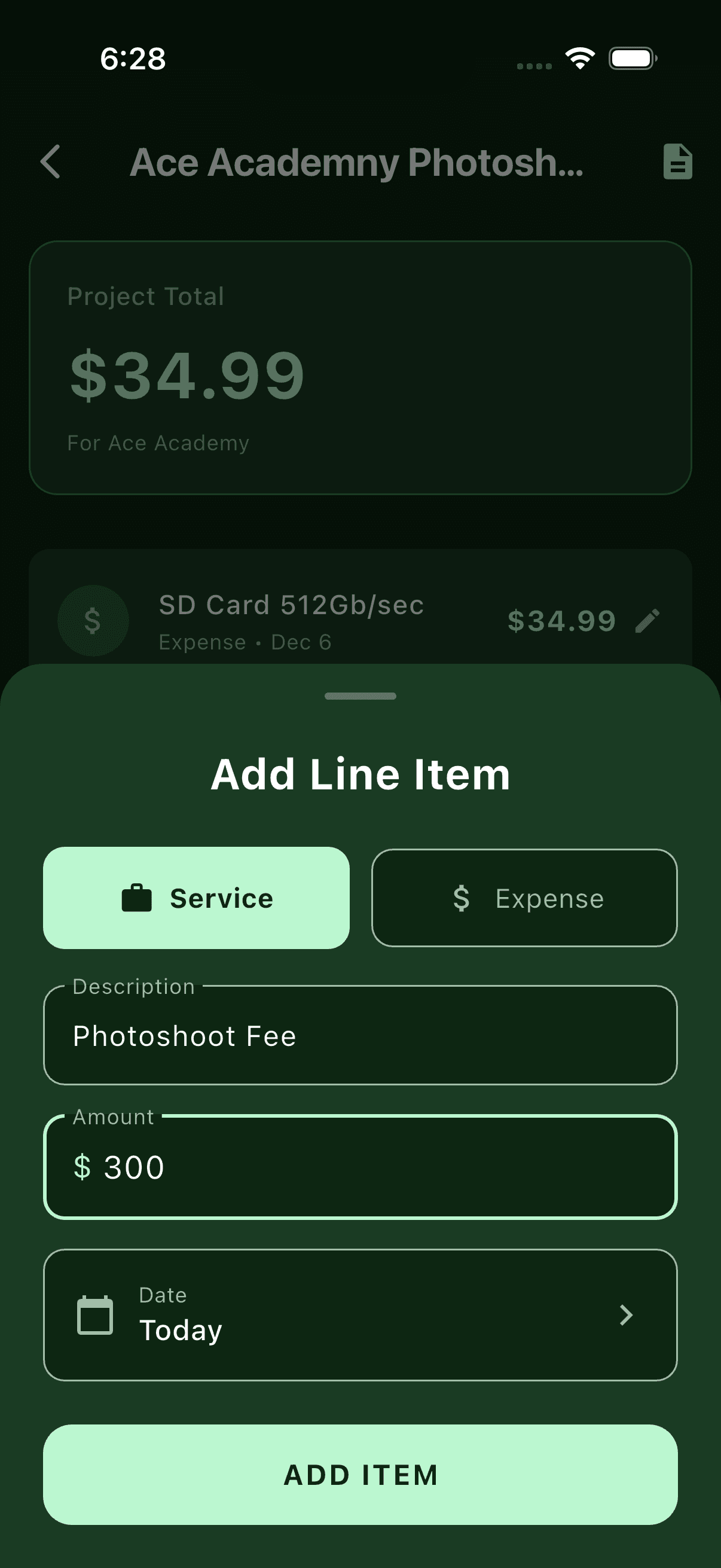 Adding a billable service line item in Modolla