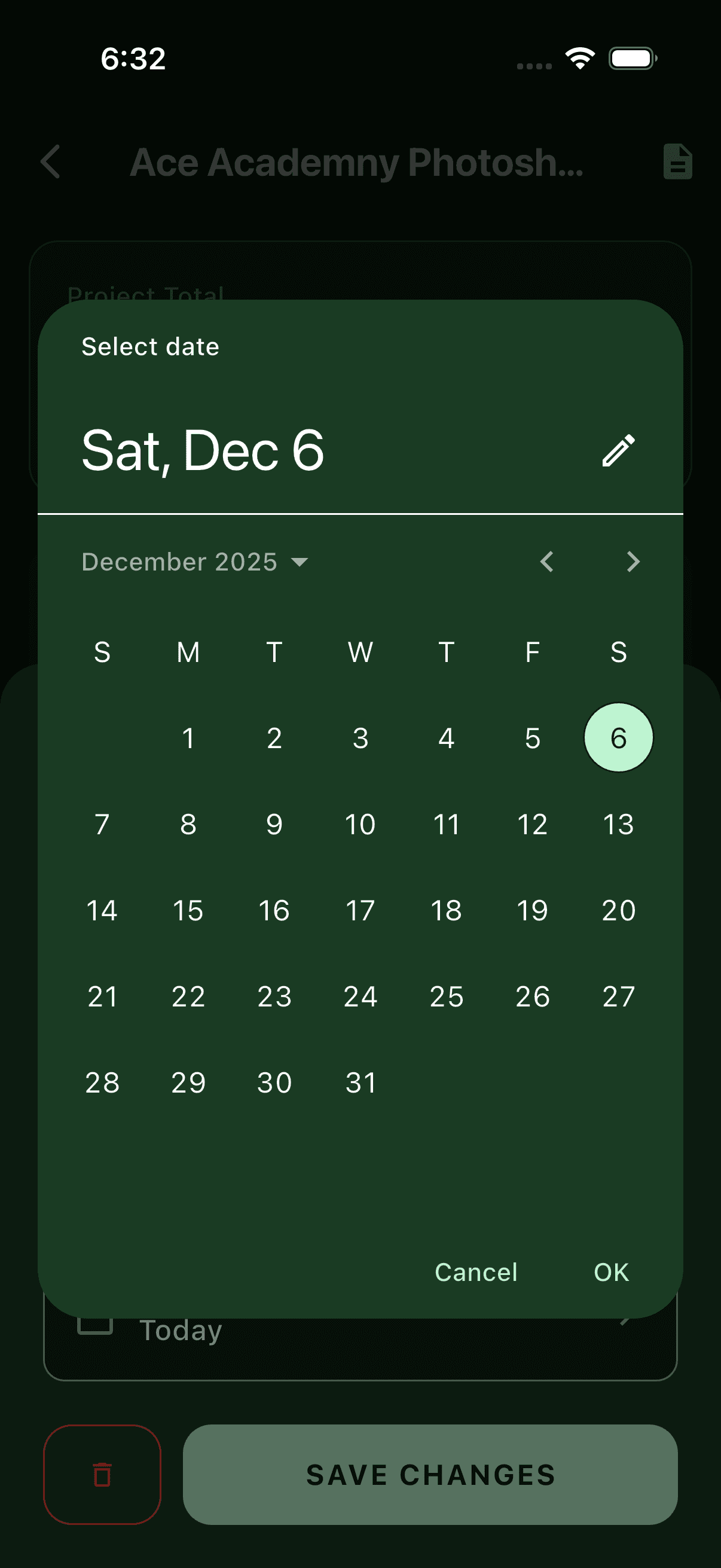 Date picker for services and expenses in Modolla