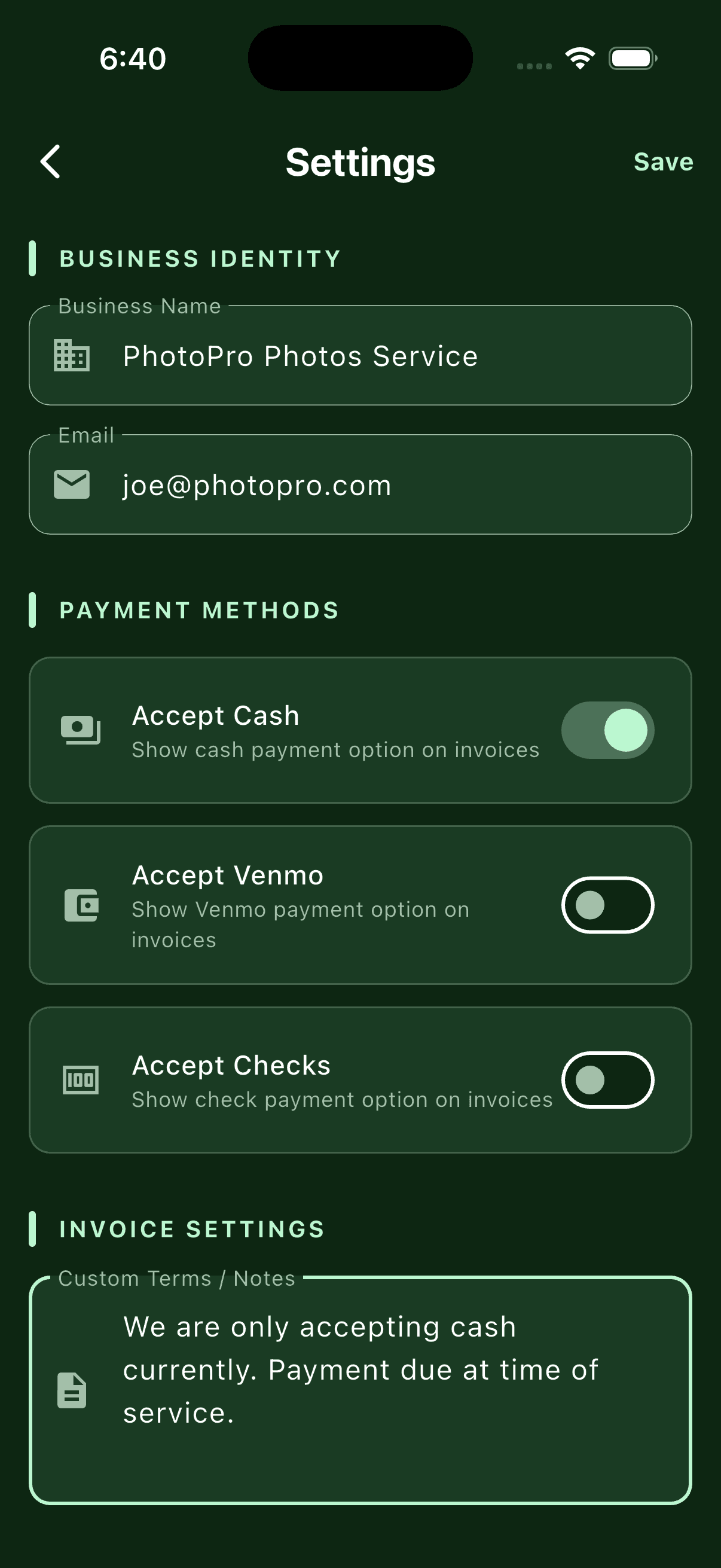 Modolla invoice terms and notes settings